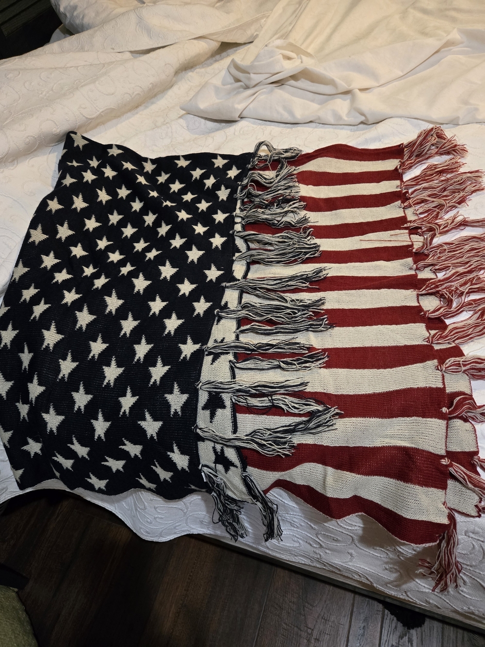 Red, White & Blue Fringe Knit Wrap - Star Pattern